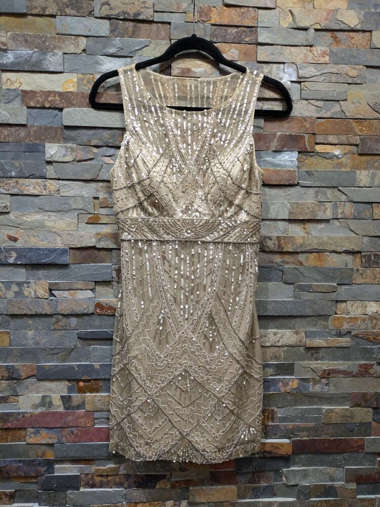 Sue Wong Beige Bodycon Full Sequin Dress, Size 4