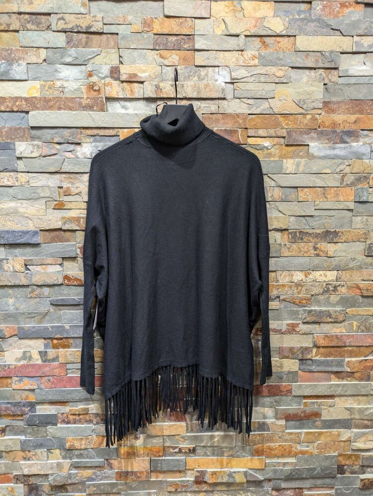Black Knit Long-Sleeve Turtle Neck w/ Fringe, Size XS