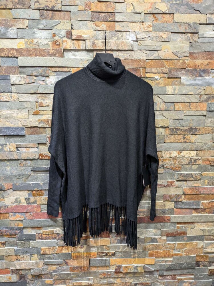 Black Knit Long-Sleeve Turtle Neck w/ Fringe, Size XS