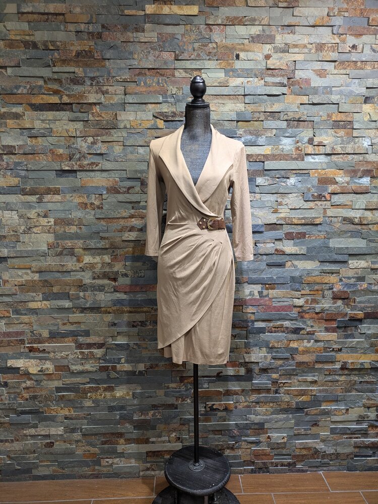 Caché Tan Long Sleeve Buckle Style Dress, Size M