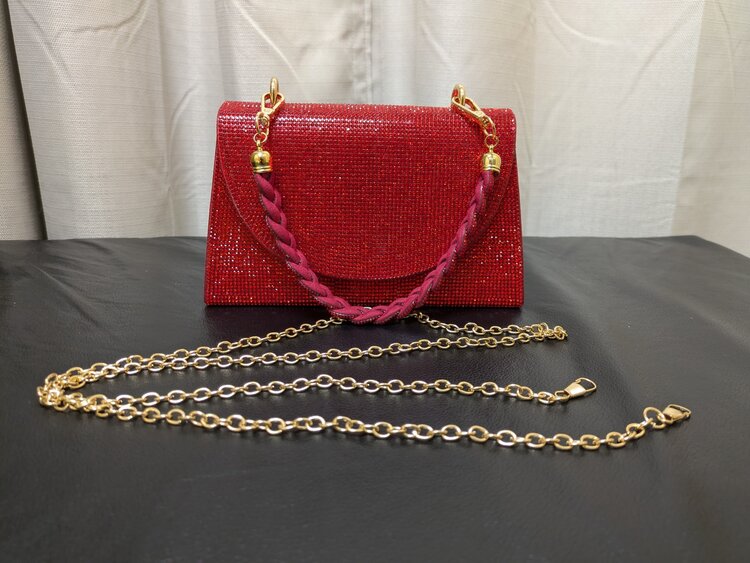 Ruby Red Bedazzled Clutch Purse w/ Red Bedazzled Detachable Handle