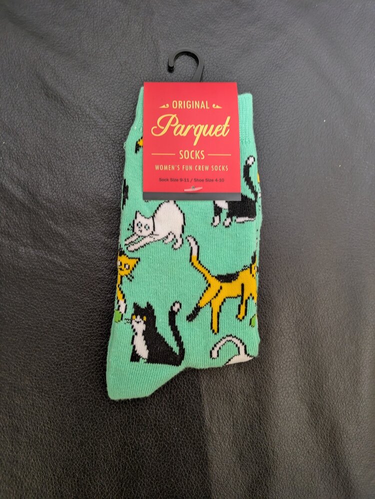 Mint Cat Patterned Socks, Size 9-11