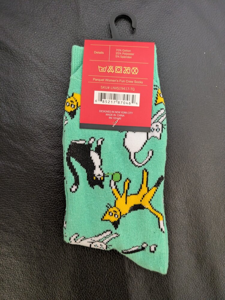 Mint Cat Patterned Socks, Size 9-11