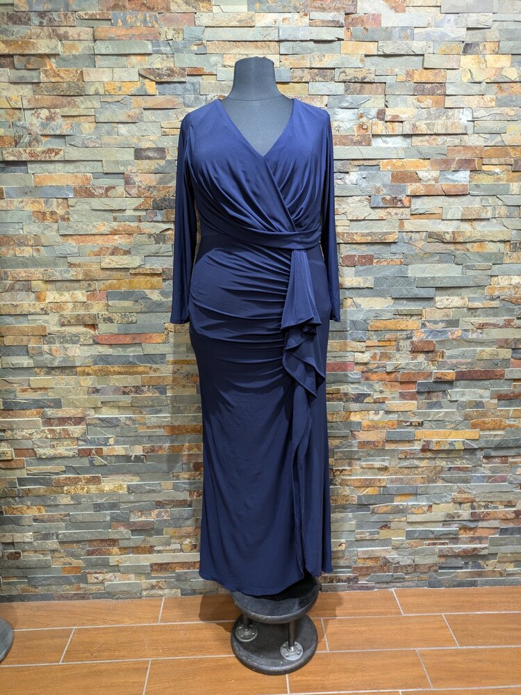 Betsy & Adam Navy Blue Long Sleeve V-Neck Gown, Size 18W