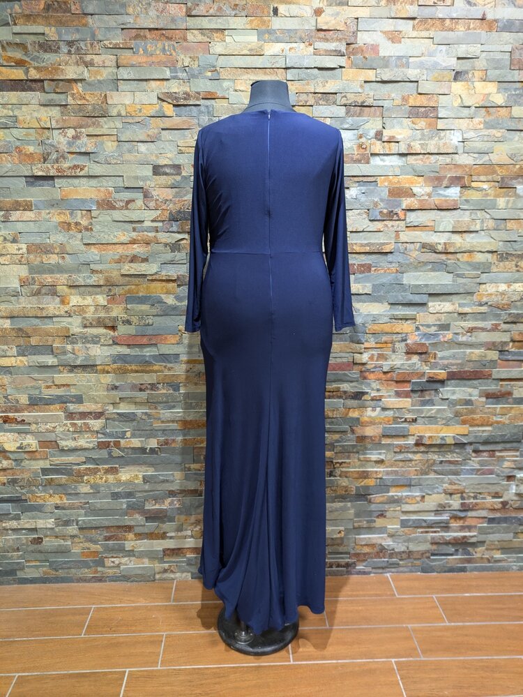 Betsy & Adam Navy Blue Long Sleeve V-Neck Gown, Size 18W
