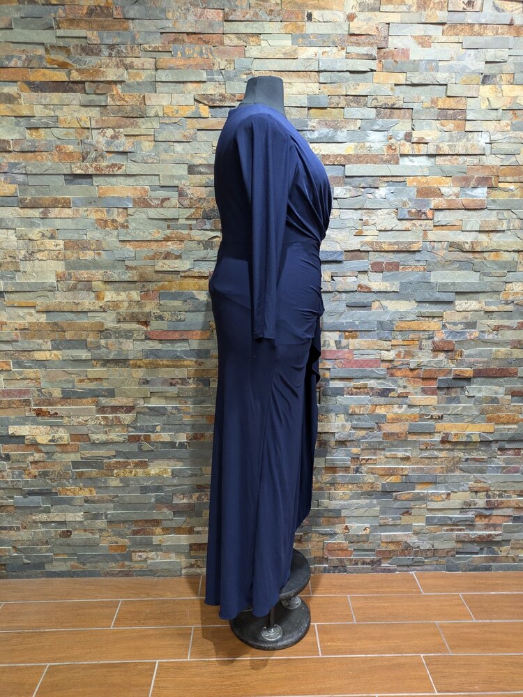 Betsy & Adam Navy Blue Long Sleeve V-Neck Gown, Size 18W