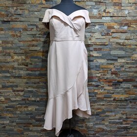 Xscape Beige Off-Shoulder Ruffle Dress, Size 20W