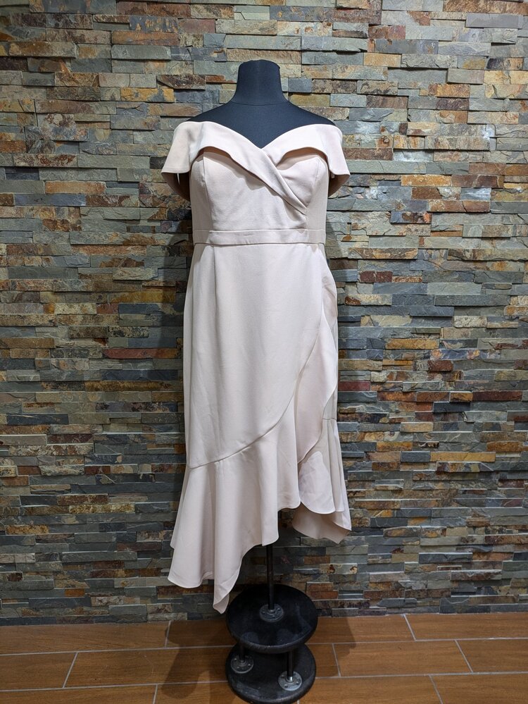 Xscape Beige Off-Shoulder Ruffle Dress, Size 20W