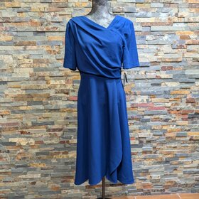Adrianna Papell Night Blue Cross Layered Short Sleeve Dress, Size 12