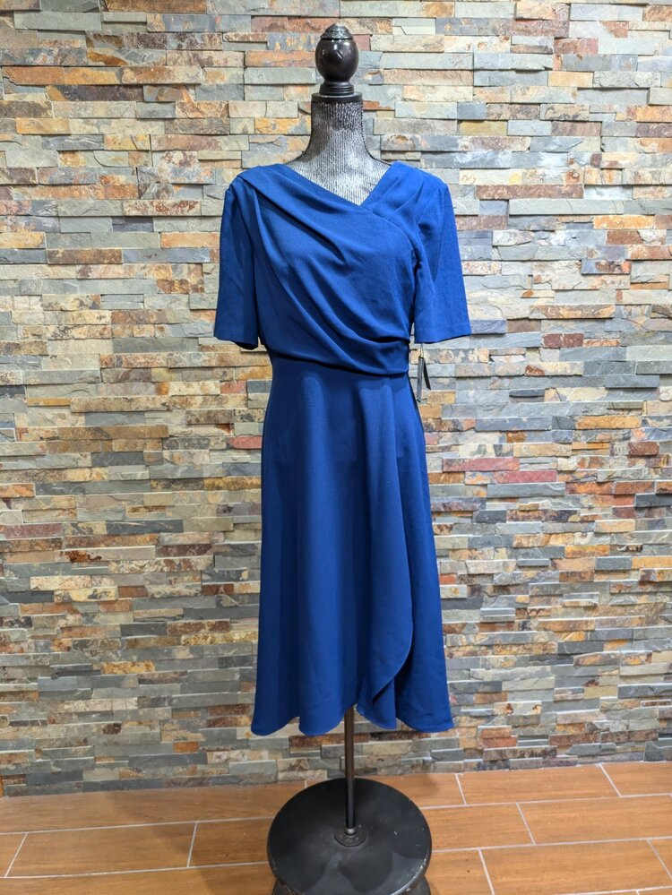 Adrianna Papell Night Blue Cross Layered Short Sleeve Dress, Size 12