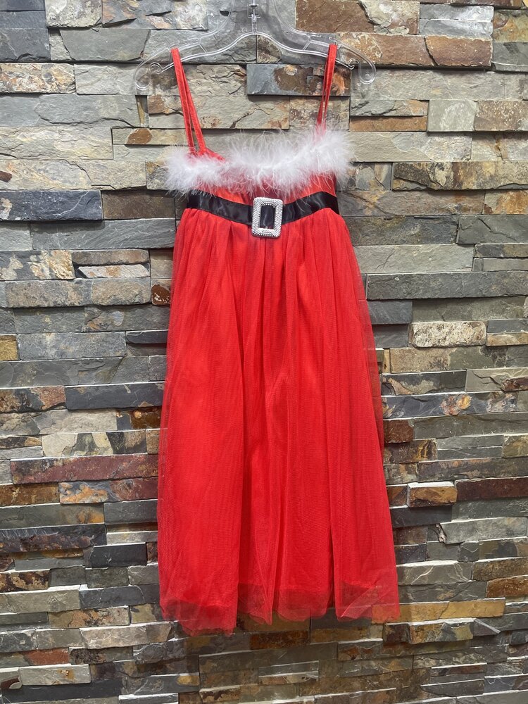 White Fur Red Spaghetti Straps Santa Girl Dress