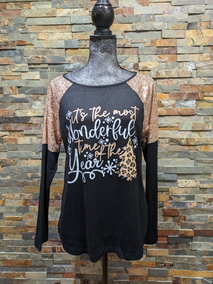 Black Wonderful Christmas Season Graphic Sequin Shoulder Top