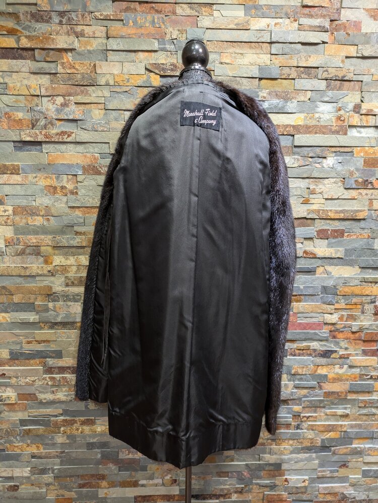 Marshall Field & Co. Dark Ranch Mink Knee Length Coat w/ Straight Sleeves & Simple Cuff, Size S