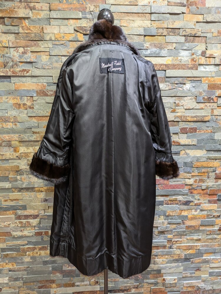 Marshall Field & Co. Dark Ranch Mink Knee Length Coat w/ Straight Sleeves & Simple Cuff, Size S