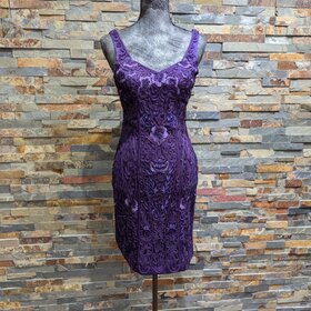 Sue Wong Purple Embroidered Floral Satin Dress, Size 2