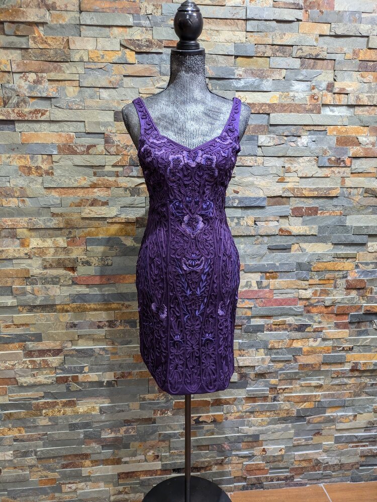 Sue Wong Purple Embroidered Floral Satin Dress, Size 2