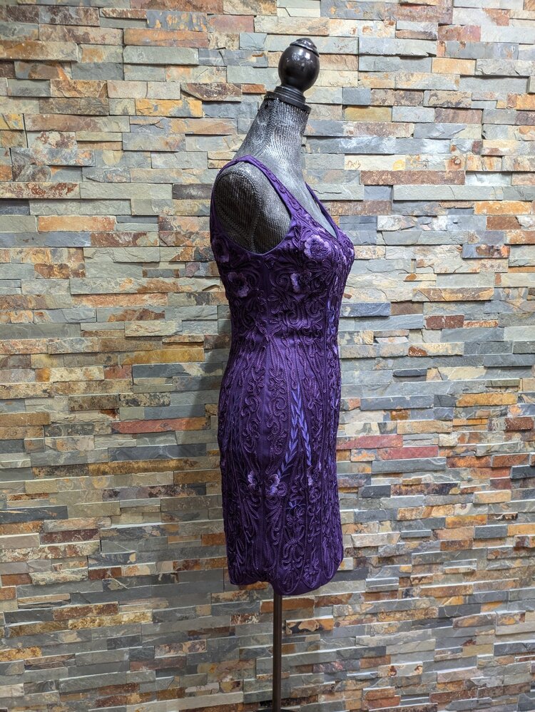 Sue Wong Purple Embroidered Floral Satin Dress, Size 2