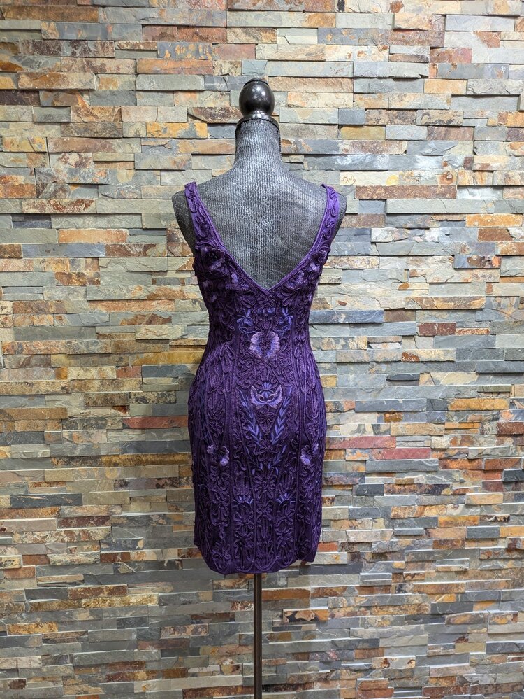 Sue Wong Purple Embroidered Floral Satin Dress, Size 2