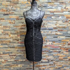 Sue Wong Black Embroidered Satin Trimmed Body-Con Dress, Size 8