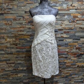 Sue Wong Ivory Cross Ruched Bodice w/ Embroidered Floral Detail Dress, Size 14