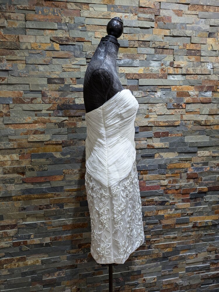 Sue Wong Ivory Cross Ruched Bodice w/ Embroidered Floral Detail Dress, Size 14