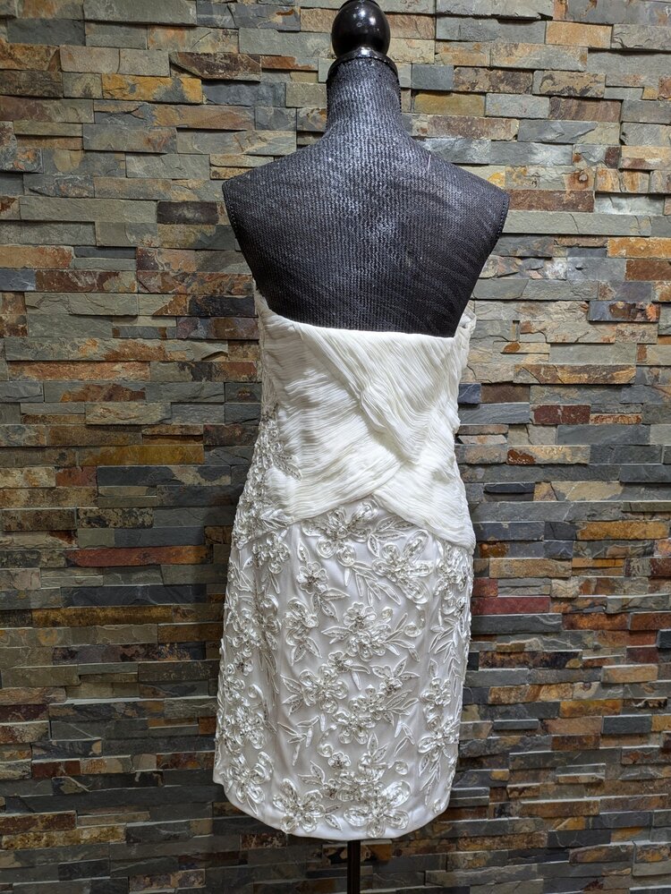 Sue Wong Ivory Cross Ruched Bodice w/ Embroidered Floral Detail Dress, Size 14