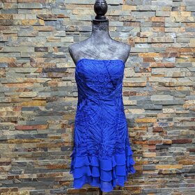 Sue Wong Sapphire Embroidered Ruffled Cocktail Dress, Size 12