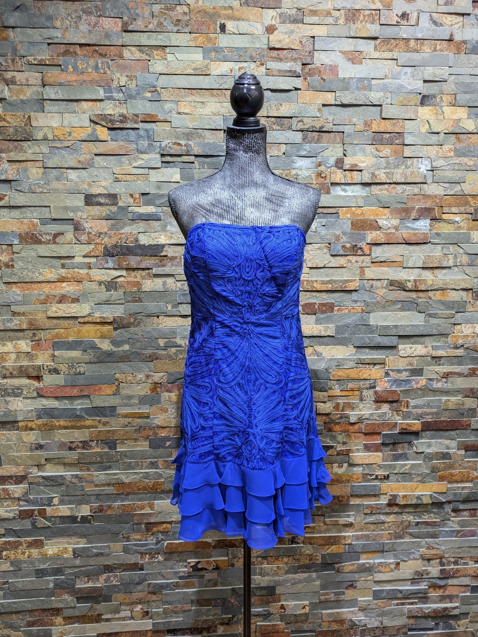 Sapphire Embroidered Ruffled Cocktail Dress, Size 12 - Elements Unleashed Sapphire Embroidered Ruffled Cocktail Dress, Size 12 - Elements Unleashed