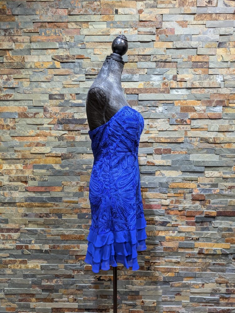 Sue Wong Sapphire Embroidered Ruffled Cocktail Dress, Size 12