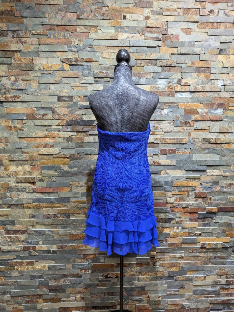 Sue Wong Sapphire Embroidered Ruffled Cocktail Dress, Size 12