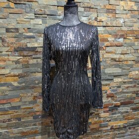 Bear Dance Black Long Sleeve Sequin Fringe Party Dress,