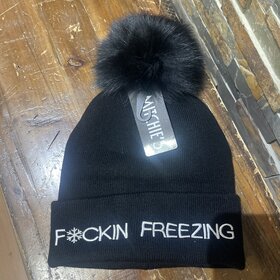 Black Knitted Hat F*ckin Freezing w/ Black Fox Pom, O/S