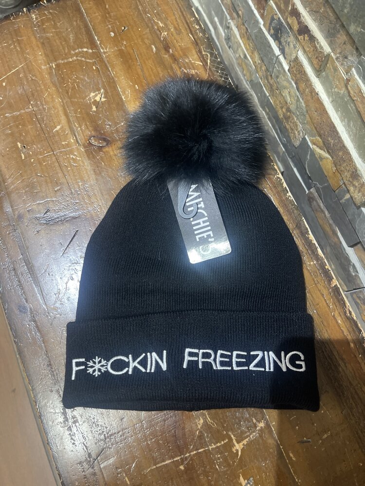 Black Knitted Hat F*ckin Freezing w/ Black Fox Pom, O/S