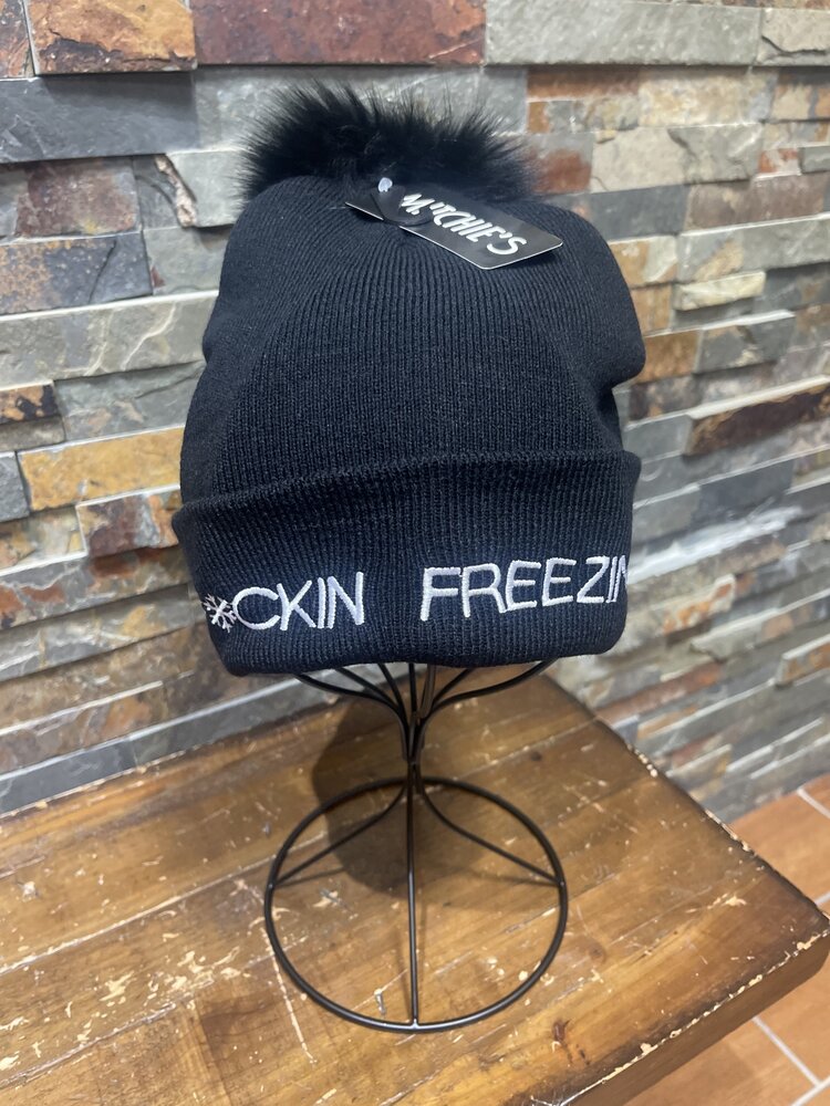 Black Knitted Hat F*ckin Freezing w/ Black Fox Pom, O/S