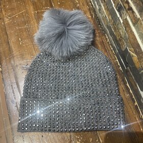 Mitchie's Matchings Charcoal Knit Crystal Beanie w/ Fox Fur PomPom, O/S