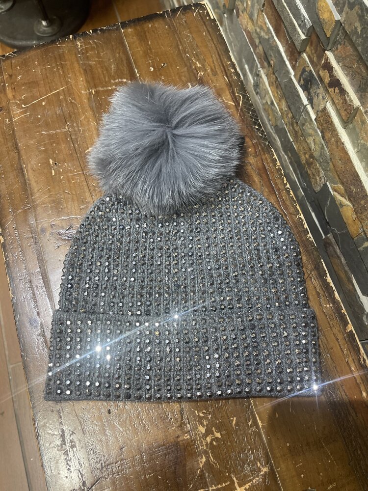 Mitchie's Matchings Charcoal Knit Crystal Beanie w/ Fox Fur PomPom, O/S