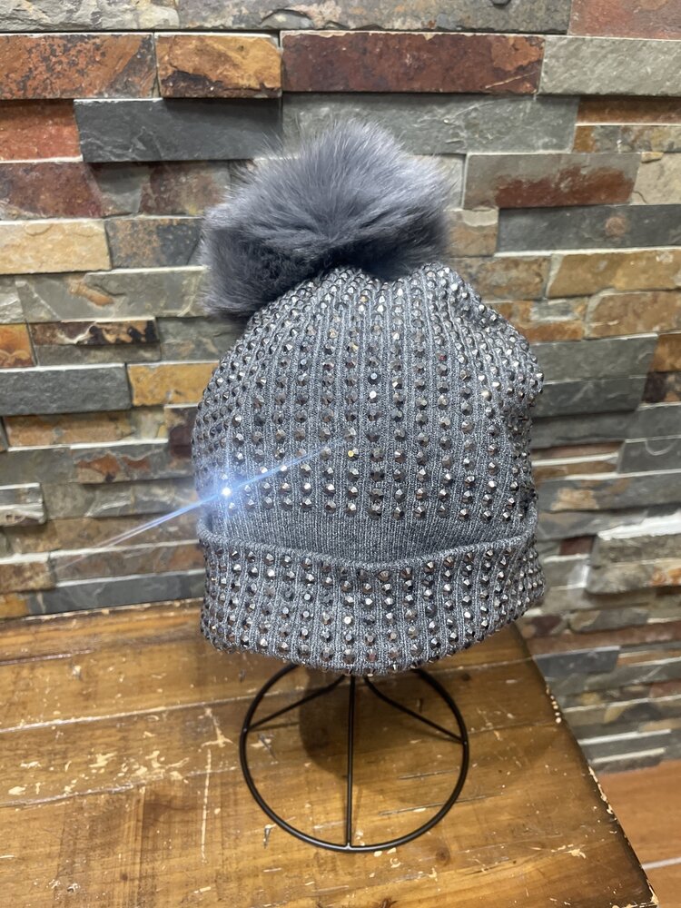 Mitchie's Matchings Charcoal Knit Crystal Beanie w/ Fox Fur PomPom, O/S