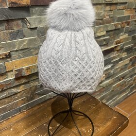 Mitchie's Matchings Gray Cable Knit Sparkle Hat with Crystals & Fox Fur PomPom, O/S