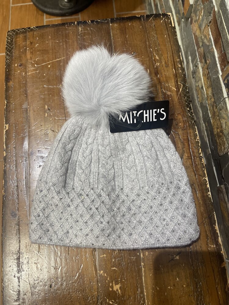 Mitchie's Matchings Gray Cable Knit Sparkle Hat with Crystals & Fox Fur PomPom, O/S