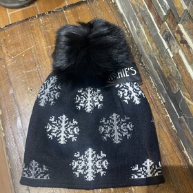 Mitchie's Matchings Black Scattered Snowflakes Knit Hat with Fox Pom, O/S
