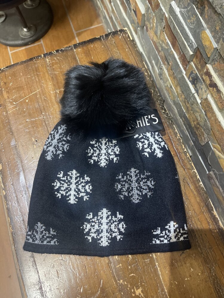 Mitchie's Matchings Black Scattered Snowflakes Knit Hat with Fox Pom, O/S