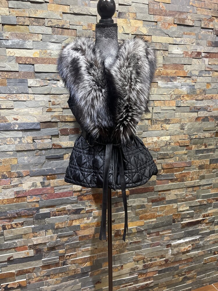 Black Quilted Nylon Vest with Silver Fox Fur Trim