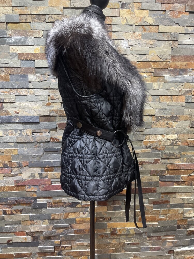 Black Quilted Nylon Vest with Silver Fox Fur Trim