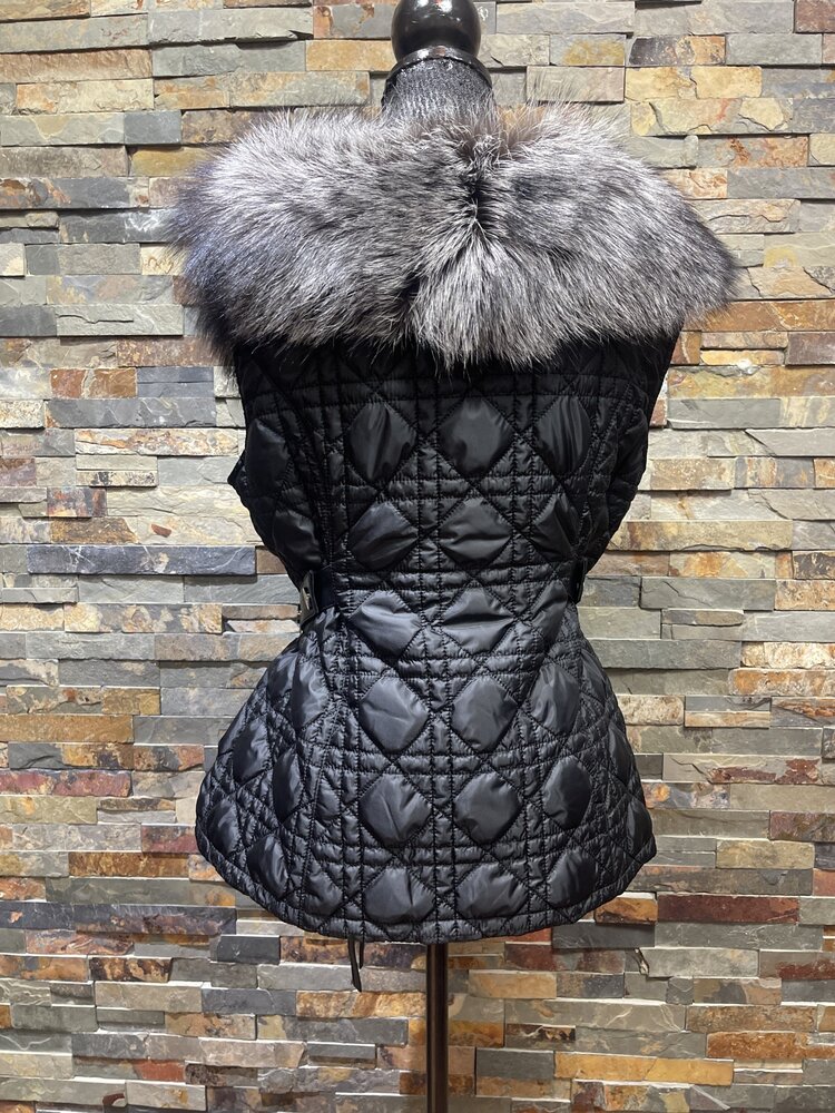 Black Quilted Nylon Vest with Silver Fox Fur Trim
