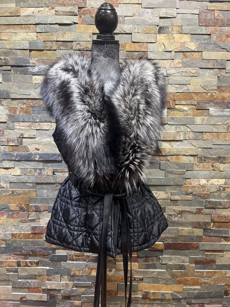 Black Quilted Nylon Vest with Silver Fox Fur Trim