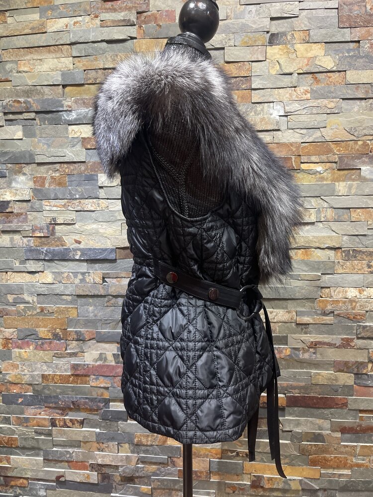 Black Quilted Nylon Vest with Silver Fox Fur Trim