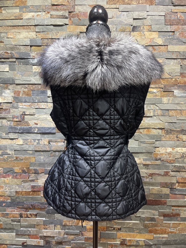 Black Quilted Nylon Vest with Silver Fox Fur Trim