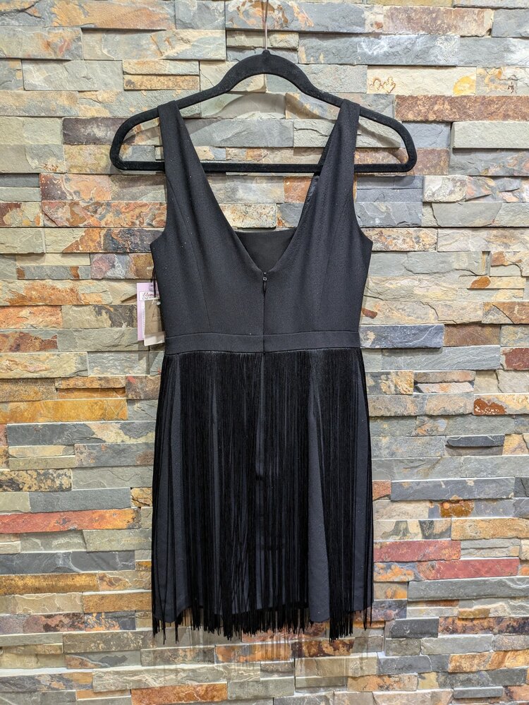 Aidan Mattox Black V-Neck Fringe Skirt Dress, Size 0