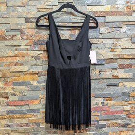 Aidan Mattox Black V-Neck Fringe Skirt Dress, Size 0