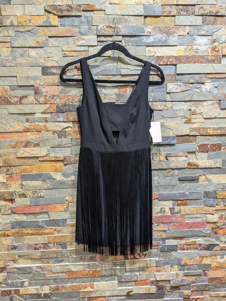 Aidan Mattox Black V-Neck Fringe Skirt Dress, Size 0
